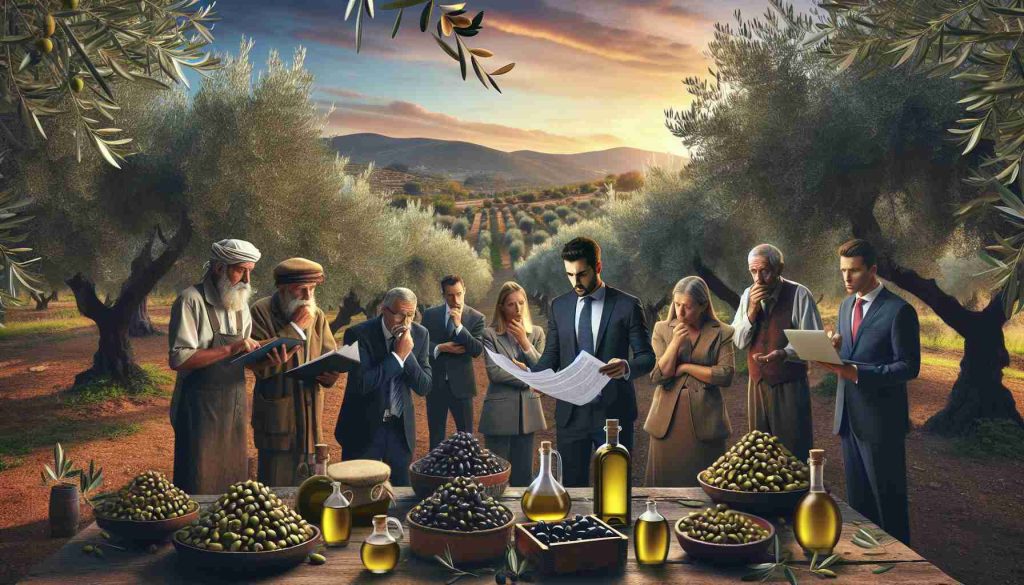 Generate a high-definition, realistic image that portrays the new regulation impacting olive oil producers in Europe. The scene should present a diverse group of olive farmers from various descents including Caucasian, Hispanic, Middle-Eastern anxiously exploring the policy documentation, located in a traditional olive grove in southern Europe with a serene sunset in the backdrop. A few bottles of olive oil and trees loaded with olives should be prominent in the scene.