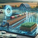 A hyper-realistic, high-definition image presenting a new-age agricultural platform that symbolizes a revolution in transaction speed and costs. The scene should convey advanced technology while keeping the agricultural setting in mind. Envision a farmer on this platform swiftly trading agricultural products with other users across the globe. The platform could have innovative feature visualizations like a speedometer indicating the transaction speed and a calculator showing the reduced costs. The background should be a blend of rustic farmland vegetation and advanced technological visuals to represent the fusion of tradition and modern technology.