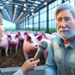 A high-definition, realistic picture representing the concept of the future of swine agriculture. This can feature an illustrative conversation between a renowned farmer and an interviewer. The farmer should be represented as a Caucasian male with strong, weathered features hinting at a lifetime spent in the agricultural field, especially pig farming. The interviewer could be a younger, South Asian female with an eager demeanor. The setting for this conversation should reflect the agricultural environment, perhaps on a technologically advanced pig farm. Please exclude any specific real individuals.