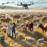 Realistic high-definition image of a scene showcasing the improvement in livestock monitoring in Greece. Picture a farm with various types of healthy livestock such as cattle, goats, and sheep roaming in an open field under clear blue skies. The grazing animals are monitored by a few Caucasian and South Asian farmers, both men and women, using advanced technology such as drone surveillance, advanced wearable tech on the animals for tracking their health and movement. A veterinarian of Hispanic descent, a woman, is seen checking a healthy animal in the field. They are all working together for disease prevention.