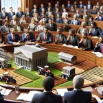 Create a high-definition, realistic image showing a parliamentary session wherein excitement is stirred due to discussions about revolutionary innovations in agriculture. The scene includes politicians engrossed in conversation, agricultural models displaying new technology, and expressions of excitement and interest on their faces. Display diversity in aspects like the ethnicity and genders of the politicians, including Caucasian, Hispanic, Black, Middle-Eastern, and South Asian descent, showing an equitable representation.