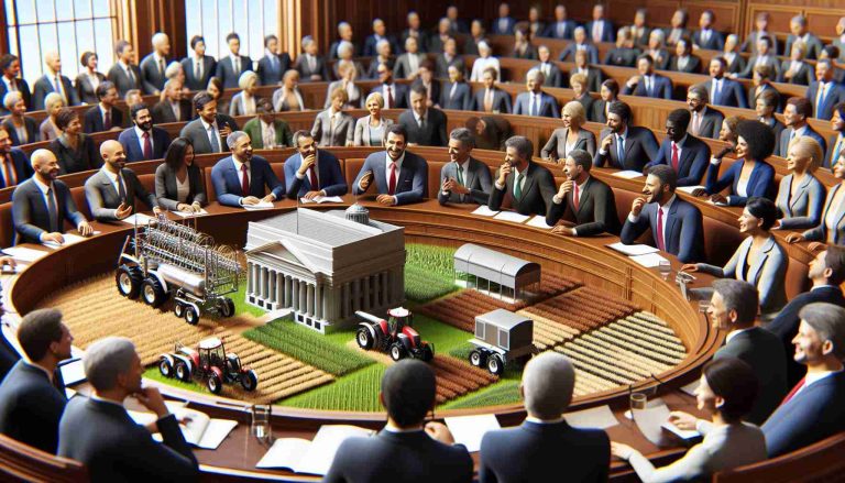 Create a high-definition, realistic image showing a parliamentary session wherein excitement is stirred due to discussions about revolutionary innovations in agriculture. The scene includes politicians engrossed in conversation, agricultural models displaying new technology, and expressions of excitement and interest on their faces. Display diversity in aspects like the ethnicity and genders of the politicians, including Caucasian, Hispanic, Black, Middle-Eastern, and South Asian descent, showing an equitable representation.