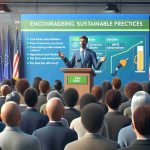 High-definition, realistic image showcasing an instance of encouraging sustainable practices: a prominent political figure, with unspecified gender and any descent, taking a stance on fuel sales rebates. The scene includes the political figure giving a passionate speech at a podium, with a diverse crowd of attentive listeners surrounding them. A large banner in the background promotes the environmental benefits of fuel efficiency.