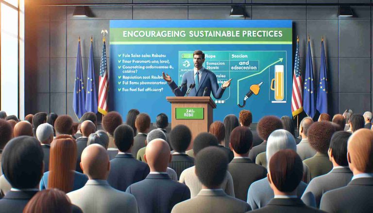 High-definition, realistic image showcasing an instance of encouraging sustainable practices: a prominent political figure, with unspecified gender and any descent, taking a stance on fuel sales rebates. The scene includes the political figure giving a passionate speech at a podium, with a diverse crowd of attentive listeners surrounding them. A large banner in the background promotes the environmental benefits of fuel efficiency.