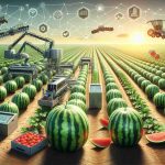 High resolution realistic image showcasing the process of watermelon harvest revolutionized through innovative techniques. This could illustrate various stages including the deployment of smart agricultural tools on the field filled with ripe watermelons, automatic picking and sorting machines in action, and the efficient packaging methods being used to ensure the produce remains fresh, thereby promising market success.