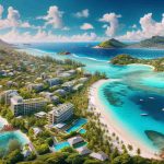 Generate a realistic HD photo of the beautiful island of Seychelles. Visualize it as an ideal location for offshore businesses. The photo could include images of the pristine beaches, clear azure waters, lush tropical vegetation, and modern buildings suggesting offshore businesses. The weather is warm and sunny, and the overall atmosphere gives the feeling of a premier destination for offshore company formation.