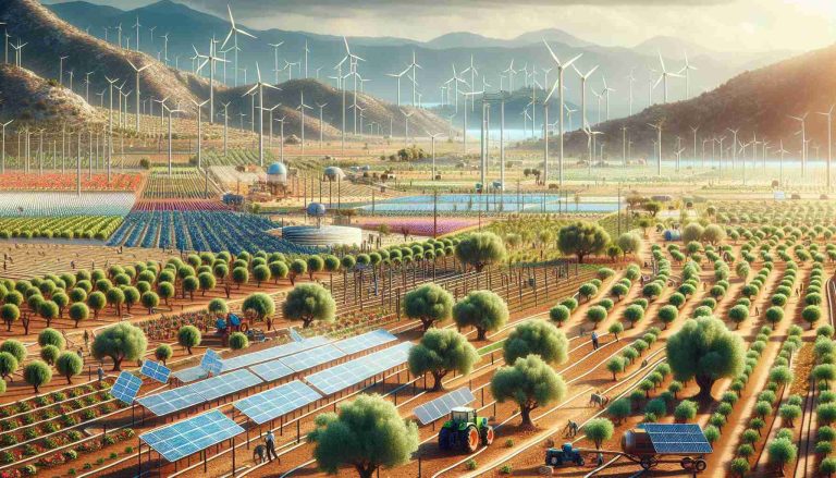 Imagine a detailed and realistic high-definition scene depicting Greek agriculture adapting to climate change. There might be fields of crops with innovative irrigation systems, saving water during droughts. Solar panels might dot the landscape, providing renewable energy to the operations. Farmers could be seen using updated machinery or employing new farming techniques to improve yields. A blend of old and new, with ancient olive trees thriving amongst the modern modifications. The Mediterranean sea in the distance, reminding us of the ever-present threat of sea level rise and the need for adaptation.