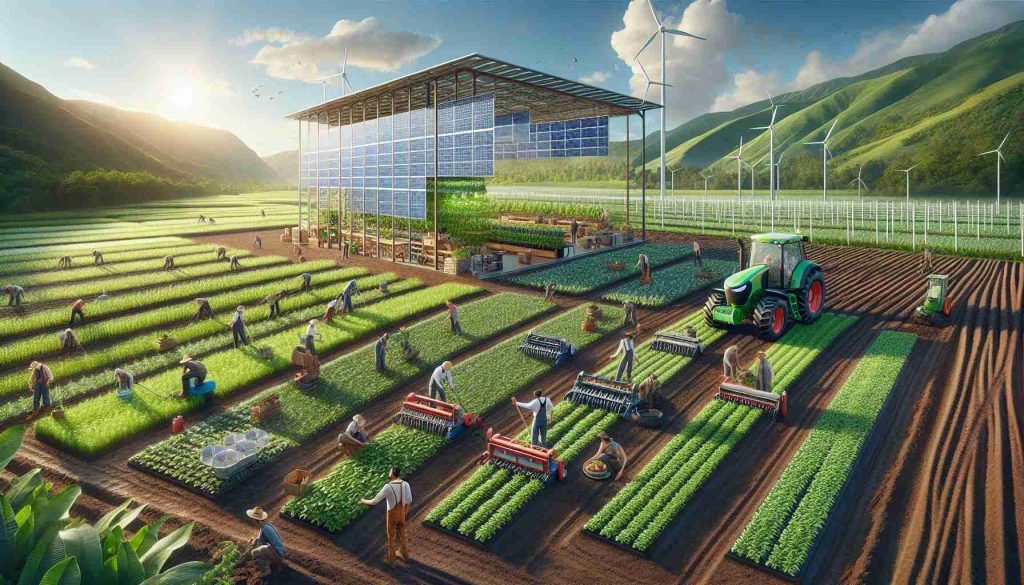 High-definition, realistic scene of updated agricultural practices in Victoria. Picture an expansive green farmland under a clear blue sky, with solar-powered agricultural machinery. The soil is fresh and vibrant, ready for sowing. Farmers, both men and women, of varied descents such as Hispanic, Caucasian, and South Asian, are actively engaged in farming tasks — some are operating machinery, while others are planting seeds. Nearby, a high-tech greenhouse filled with lush, healthy plants stands as an evidence of the advancement in farming techniques.