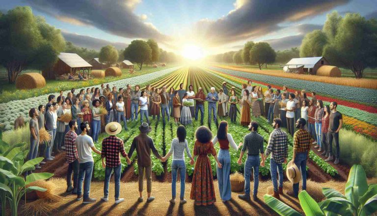 A detailed and realistic high-definition image showing a diverse group of new generation activists embracing agricultural equity. Including people from different descents like Caucasian, Black, Hispanic, Middle-Eastern, and South Asian, both males and females, as they collaborate in a farm landscape. They are guests in the spacious farm, sharing ideas about sustainable farming practices, ecological caretaking, and equitable distribution of resources. The scene should be filled with rich earthy colors of the farmland and the freshness of crops and vegetation, under a serene sky, embodying hope for a greener and fairer future.