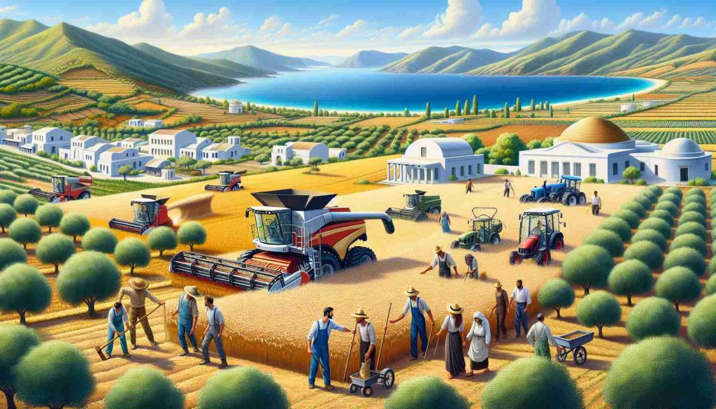 A high-definition, realistic illustration showcasing the revolution of agriculture in Greece. Depict a vibrant image of innovative crop production methods in action, featuring agricultural machinery being used in a field of wheat against the backdrop of beautiful olive groves. There should also be farmers of both genders and various descents, including Caucasian, Black, and Middle-Eastern, working together harmoniously. The background should capture the beauty of rural Greece, with lush hills, bright blue seas, and characteristic white architecture bridging the gap between tradition and innovation.