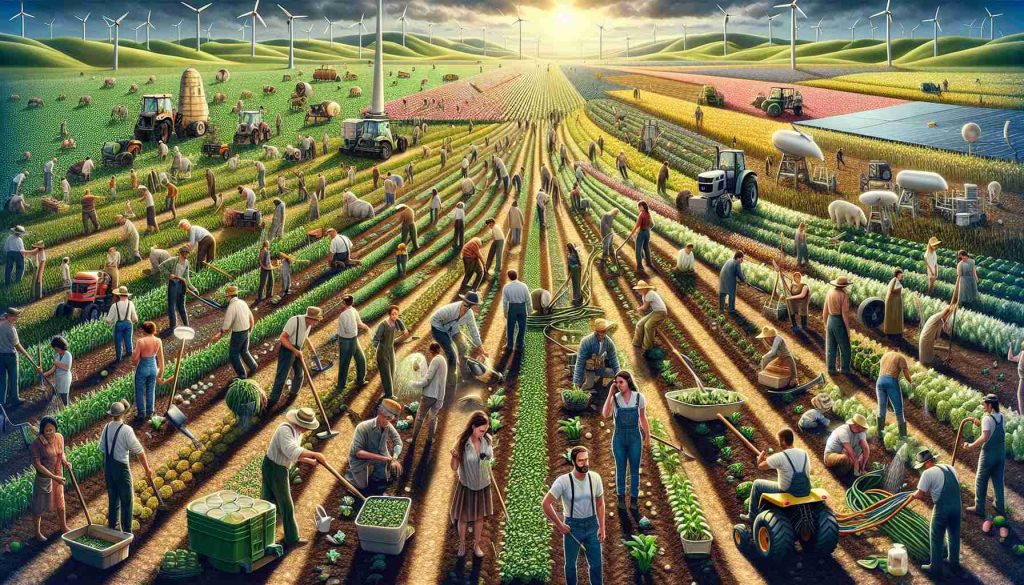 A high-definition, realistic illustration depicting the revolution of agriculture toward sustainable development. A diverse set of male and female farmers belonging to various descents, including Caucasian, Hispanic, Middle-Eastern, and South Asian, are working together in a vast, fertile field filled with a mix of traditional and innovative farming techniques. Some are involved in traditional plowing, watering crops, while others operate advanced, eco-friendly machinery. In the far distance, there is a windmill generating clean energy, and solar panels are found on building rooftops. The atmosphere is one of cooperation and progress towards a greener future.