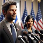 Realistic HD image of a middle-aged Caucasian man, professionally dressed, who embarks on a political journey as the running mate of a woman of South Asian descent, she is professionally dressed too. The scene is set in a press conference room with a backdrop of the Minnesota state flag and numerous microphones suggest an announcement.