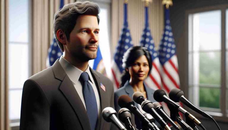 Realistic HD image of a middle-aged Caucasian man, professionally dressed, who embarks on a political journey as the running mate of a woman of South Asian descent, she is professionally dressed too. The scene is set in a press conference room with a backdrop of the Minnesota state flag and numerous microphones suggest an announcement.