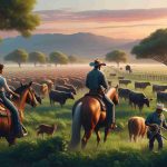 High-definition, realistic image depicting diversity in the cattle ranching industry. Picture a scene where a strong, capable Hispanic female rancher is guiding a herd of cattle across a lush, verdant field. In the distance, a Middle-Eastern male rancher is mending a fence. A side view of a South Asian female rancher on horseback, carefully overlooking the cattle, adds richness to the scene. The sun is setting, painting the sky with gentle hues of orange and pink, and making the landscape even more idyllic.