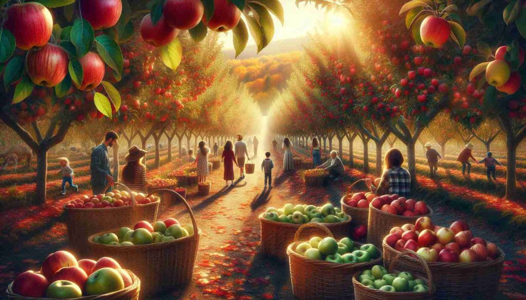 Create a high-definition, realistic image capturing the beauty of New England orchards. The scene should be filled with ripe, unique varieties of apples ready for picking. The orchards are set against the spectacular backdrop of vibrant fall foliage, and you can see people of different genders and from different descents - Caucasian, South Asian, Black and Hispanic - enjoying the apple picking experience. There are children running around, ripe apples in rustic baskets, sunlight filtering through the leaves, and a pervasive sense of peace and serenity.