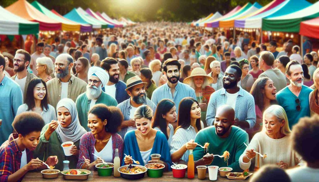 Realistic high-definition image of a lively food festival held at an urban park. The crowd reveals a blend of culturally diverse individuals enjoying the gastronomic event. Picture people of South Asian, Middle Eastern, Hispanic, White, Black, and Caucasian descent, mingling together. Both men and women of various ages are present, seen relishing different types of fascinating food. Capture the vibrant hues of food stalls, the park’s lush greenery, and the lively atmosphere filled with joy and laughter.