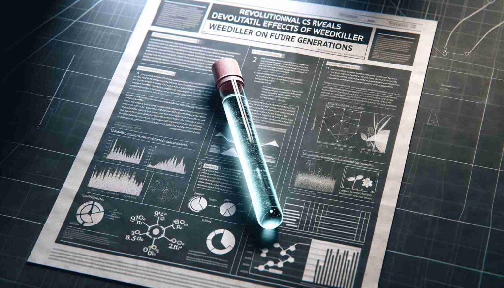 A hyper-realistic image of a study paper with the bold, prominent heading 'Revolutionary Study Reveals Detrimental Effects of Common Weedkiller on Future Generations'. Upon the table lies a faintly glowing test tube containing a weedkiller alongside visuals such as charts, diagrams, and statistics indicating the harmful impact of the weedkiller. The texture of the paper should be visible, contributing to the HD quality of the image.