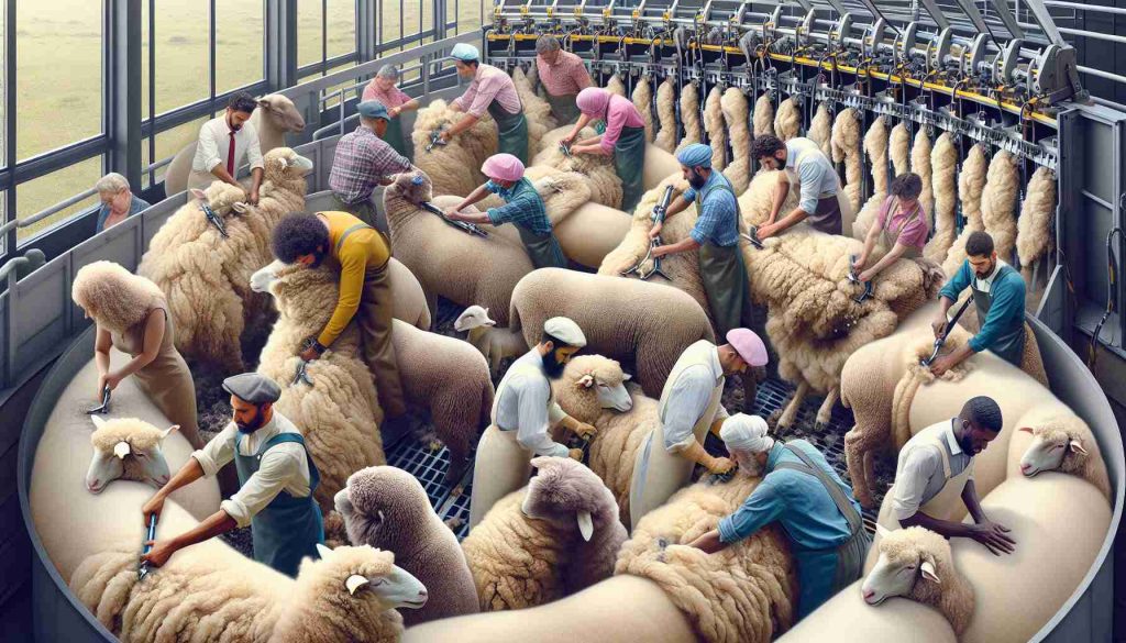 Highly-detailed and realistic image of a transformative scene in the sheep shearing industry. Display multi-gendered individuals of various descents including Caucasian, Black, Hispanic, Middle-Eastern, South Asian working together in harmony. The frame should communicate major upgrades in machinery, processes, and safety measures for the workers. Shearers can be seen meticulously snipping away the wool from the sheep with state-of-the-art tools, while others pack the wool into bulk bags. The environment should look hygienic emphasizing the health and safety standards.