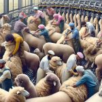 Highly-detailed and realistic image of a transformative scene in the sheep shearing industry. Display multi-gendered individuals of various descents including Caucasian, Black, Hispanic, Middle-Eastern, South Asian working together in harmony. The frame should communicate major upgrades in machinery, processes, and safety measures for the workers. Shearers can be seen meticulously snipping away the wool from the sheep with state-of-the-art tools, while others pack the wool into bulk bags. The environment should look hygienic emphasizing the health and safety standards.