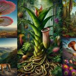 Visualize a highly detailed, lifelike photograph showcasing nature exploration in South America. Six unique and unexpected plant wonders are the main focus. Perhaps a tall, vibrant bromeliad tree endemic to the region, a carnivorous pitcher plant hidden beneath leafy undergrowth, an ancient cacti towering into the crystalline sky, a bed of exotic orchids teeming with eye-catching colors, the rarity of a rafflesia flower exhibiting its massive bloom, and a spiraling passion fruit vine climbing towards the sunlight. The image should evoke a sense of mystery and discovery that's inherent in South American biodiversity.