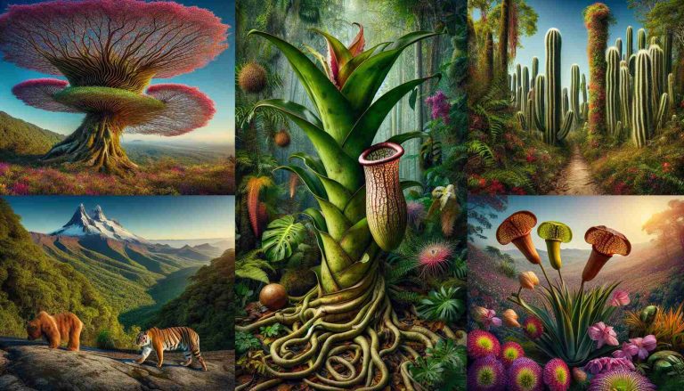 Visualize a highly detailed, lifelike photograph showcasing nature exploration in South America. Six unique and unexpected plant wonders are the main focus. Perhaps a tall, vibrant bromeliad tree endemic to the region, a carnivorous pitcher plant hidden beneath leafy undergrowth, an ancient cacti towering into the crystalline sky, a bed of exotic orchids teeming with eye-catching colors, the rarity of a rafflesia flower exhibiting its massive bloom, and a spiraling passion fruit vine climbing towards the sunlight. The image should evoke a sense of mystery and discovery that's inherent in South American biodiversity.