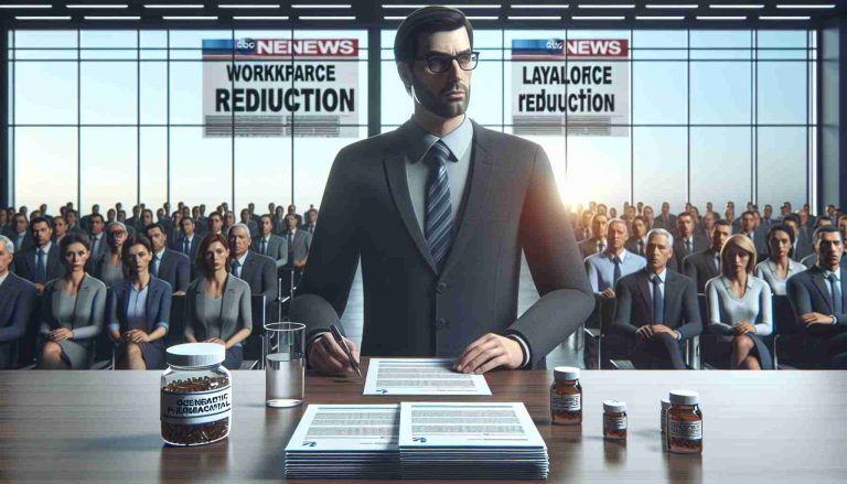 A high-resolution realistic image depicting a generic pharmaceutical company announcing a significant reduction in their workforce. Include a professional setting, such as a conference room or an office, with a stern-looking company executive delivering the news. Insert clear signs of a tense atmosphere: worried employees, stack of layoff letters, and possibly a headline news on a television screen in the background regarding the workforce reduction.