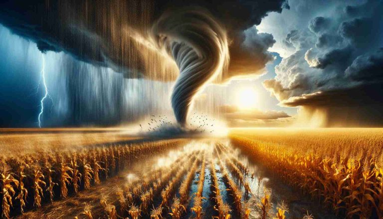 Depict a realistic, high-definition scene of an unusual and extreme weather phenomenon, such as a swirling tornado or a sudden downpour of rain, amplifying an already intense heatwave in the Midwest region of the United States. Capture the details of the landscape, like golden cornfields under the sweltering sun, along with storm clouds gathering in the sky. Show the contrast between the scorching environment and the cool relief brought by the unexpected weather, with visible steam evaporating from the ground due to the sudden temperature change.