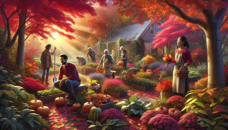 Generate a realistic, high-definition image that captures the essence of Autumn's vibrant hues, showcasing the concept of 'Harvesting the Colors of Fall' as illustrated through the lens of seasonal gardening. The scene should depict a tranquil garden, bathed in the mellow sunlight of fall, with trees bursting with colors of red, orange, and yellow. Add a diverse range of gardeners, all engrossed in their work - one South Asian man attentively pruning a tree, one Middle-Eastern woman thoughtfully collecting an assortment of fall leaves, one Hispanic man gently transplanting a shrub, and one Black woman joyfully harvesting pumpkins. The image should feel like a practical guide to seasonal gardening set against the backdrop of a colorful autumn landscape.