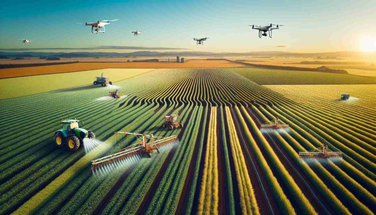 Generate a high-definition, realistic image that illustrates the newer agricultural technologies that are transforming farming practices. Show an expansive farmland with fields of crops that are being tended by automated machinery like drone-assisted surveillance, precision irrigation systems, and robotic harvesters to depict the cutting-edge innovation in agriculture.