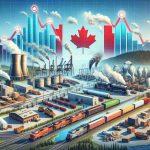 Conceptual visual representation in high definition of the potential impact of railway strikes on various industries in Canada. Include industries such as forestry, mining, manufacturing, and agriculture. Show symbolic elements of disruption like halted trains, empty factories, and paused production lines. Also depict investment impact with representations of falling stock charts. Set the backdrop as a beautiful Canadian landscape to highlight the nation's geographical importance. Remember to not include real persons or trademarks. Rendering should be as realistic as possible.