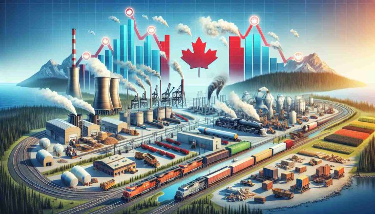 Conceptual visual representation in high definition of the potential impact of railway strikes on various industries in Canada. Include industries such as forestry, mining, manufacturing, and agriculture. Show symbolic elements of disruption like halted trains, empty factories, and paused production lines. Also depict investment impact with representations of falling stock charts. Set the backdrop as a beautiful Canadian landscape to highlight the nation's geographical importance. Remember to not include real persons or trademarks. Rendering should be as realistic as possible.