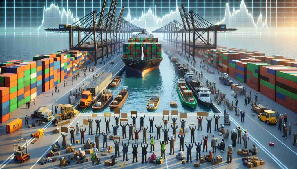 A high-definition, realistic illustration of a dockworkers' strike causing disruptions to supply chains. Visualize the scene as a bustling port with ships at a standstill, cranes idle, and multitudes of sealed containers stacked up. Workers of diverse gender and descent - Caucasian, Hispanic, Middle-Eastern, Black, South Asian, Asian - are seen holding protest signs. This deadlock situation leads into an image of an economic turmoil, symbolized by a stock market crash scene - rapidly falling graphs on screens, empty meeting rooms, and worried executives. Finish the scenario with panicked consumers in front of empty grocery shelves.