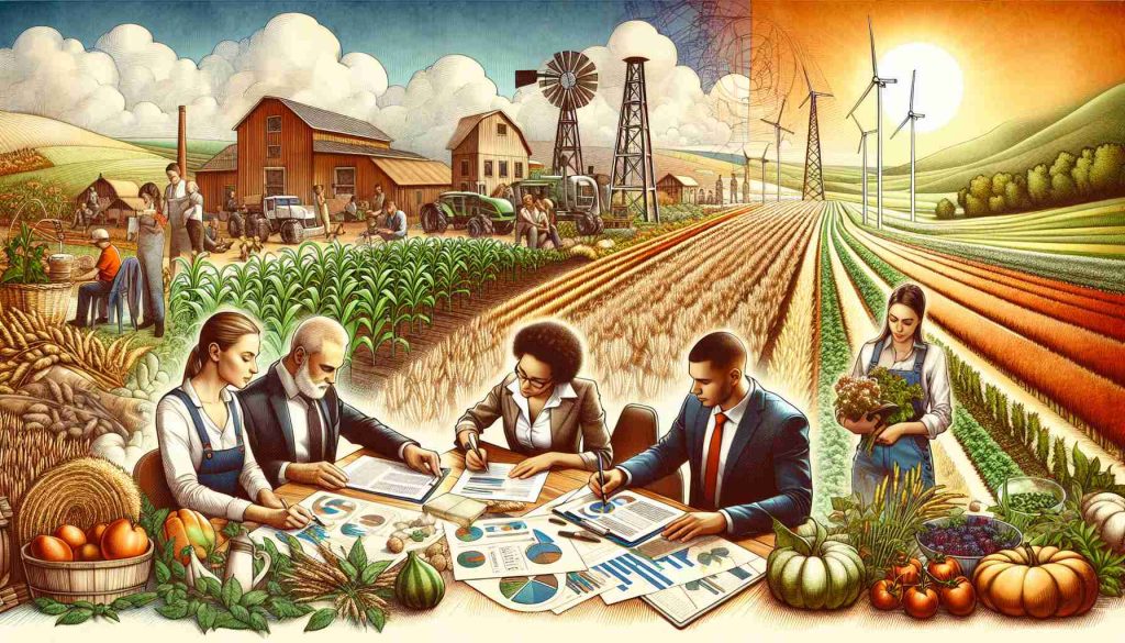 Detailed image depicting the concept of revitalizing agriculture. Show a gallery full of freshly harvested crops thriving in the fields. Nearby, show representatives drafting legislation on a countryside farm table. The representatives are a diverse group, including a Caucasian man, a Middle Eastern woman, a Black woman, a Hispanic man, and a South Asian man. Each individual is deeply engrossed in discussion and documentation. Depict a mix of elements reflecting both traditional farming techniques and modern technology. In the background, show a sunny landscape with a windmill, symbolizing a brighter future for agriculture.