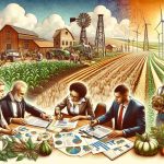 Detailed image depicting the concept of revitalizing agriculture. Show a gallery full of freshly harvested crops thriving in the fields. Nearby, show representatives drafting legislation on a countryside farm table. The representatives are a diverse group, including a Caucasian man, a Middle Eastern woman, a Black woman, a Hispanic man, and a South Asian man. Each individual is deeply engrossed in discussion and documentation. Depict a mix of elements reflecting both traditional farming techniques and modern technology. In the background, show a sunny landscape with a windmill, symbolizing a brighter future for agriculture.