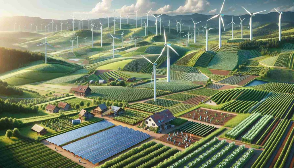 Render a highly realistic, high definition image showcasing the rise of sustainable agriculture in European countries. Illustrate lush fields with windmills and solar panels signifying renewable energy, terraced vineyards showing the use of land efficiently, planted rooftops indicating urban gardening, and farmers employing regenerative farming techniques. Use drone's point of view to depict the grandeur of the scene and demonstrate the harmony between nature and human innovation for sustainability.