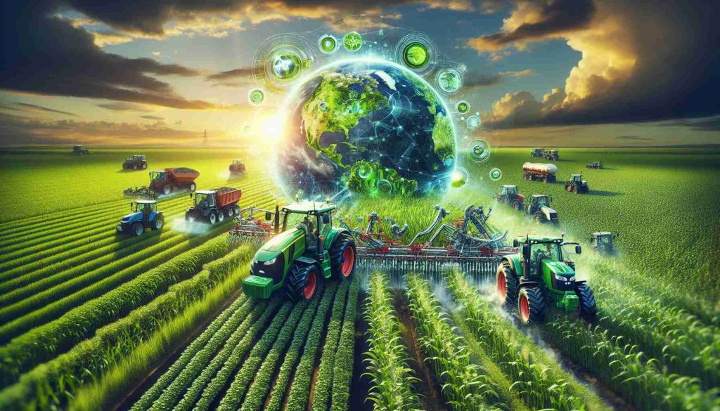 An ultra high-definition, realistic portrayal of the Green Revolution through innovative engine technology in agriculture. Capture the essence of advanced, eco-friendly machinery working on lush farming fields. Exhibit the transformation brought about by this revolution with high-powered tractors, advanced irrigation systems, and other equipment highlighting the fusion of modern technology with traditional farming practices. The setting should be vibrant with an abundance of crops, and a clear sky, representing hope for a sustainable future.