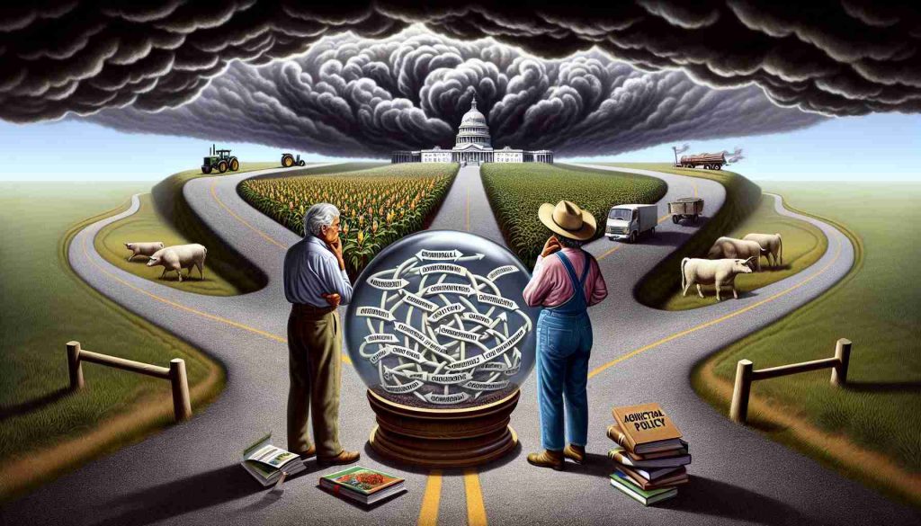 An image that depicts a metaphorical representation of agricultural policy and its uncertain future. Envisage a sturdy but sufficiently old farmer looking at an ambiguous road that splits into multiple paths, each bristling with pros and cons, representing various legislative options. The farmer could be a Hispanic female farmer holding in one hand a book entitled 'Agricultural Policy' and in the other hand, a crystal ball projecting the uncertain future amidst swirling clouds. The background displays a realistic rural landscape with a storm looming, signifying legislative disputes.