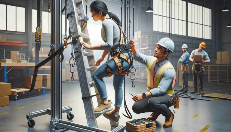 Generate a high-definition realistic image showcasing new safety innovations in preventing falls at the workplace. The image should feature fall arrest systems like safety harness and lifelines, anti-slip floor mats, and sturdy step ladders. In the scene, include a middle-aged Asian female worker cautiously climbing a high-tech ladder equipped with the latest safety features and a young Hispanic male supervisor observing her and ensuring that safety protocols are being followed.