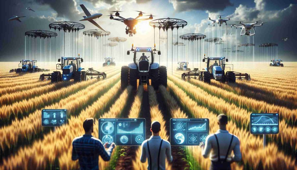 A high-definition, realistic image bringing to life the rise of revolutionary farming techniques. Visualize advanced machinery like self-driving tractors working in perfect harmony within vast fields of golden grains. Drones scan the crop health from the skies while farmers, including all genders and multiple descents such as Caucasian, Hispanic, and Middle-Eastern, monitor advanced touch-screen panels displaying yield, soil health, and weather data. From the foreground to the horizon, inventive irrigation systems are visible, promoting efficient water usage on the farm.