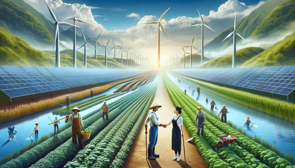 A realistic high-definition image that symbolizes the union of agriculture and renewable energy for a sustainable future. In this depiction, visualize a lush farmland, with healthy crops reaching to the horizon under a bright azure sky. Wind turbines gracefully turn in the distance, while solar panels are installed strategically among rows of crops. A flowing river supporting a hydroelectric dam can be seen at the edge of the farm, hinting at hydroenergy. Idealized figures, a male personification of Agriculture, South Asian with work clothes and tools, and a female personification of Renewable Energy, Black, with symbols of wind, solar, and water power, are shaking hands.