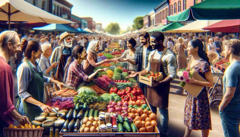 Imagine a high-definition, realistic photo that represents the concept of 'opportunities abound'. Picture a bustling, colorful farmers market on a sunny day. A Caucasian female farmer displays her ripe produce, conversing with a Black male customer interested in purchasing. A Middle-Eastern female vendor across the aisle warmly invites a South Asian male passerby to try her special homemade dips. A Hispanic male flower vendor presents a bouquet to a pleased East Asian female customer. This image symbolizes the vibrancy and cultural exchange taking place in seasonal work environments.