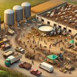 An authentic, high-definition image showing the resurgence of small-scale dairy farming acting as a catalyst for economic growth. The scene captures a bustling dairy farm with a variety of cows grazing, farmers of varying descents and genders at work—milking the cattle, and loading products into delivery vehicles. Nearby, a makeshift farmers market exhibits the dairy produce where patrons of diverse descents and genders are purchasing with enthusiasm. Also, in progress – construction of new buildings, symbolizing economic growth.