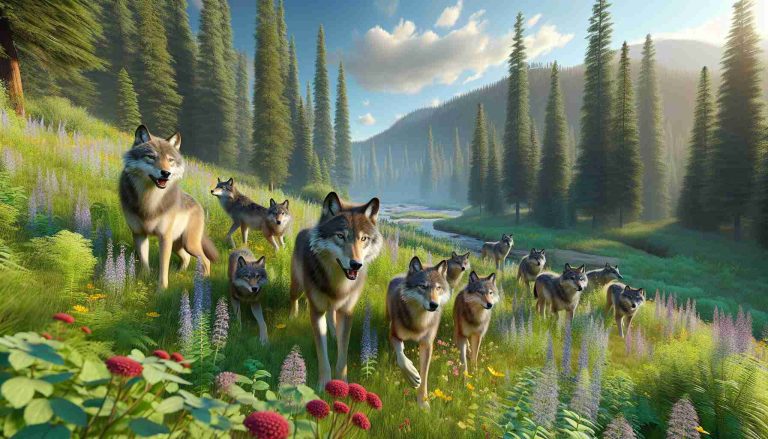 High-resolution, realistic depiction of a pack of wolves that have been safely relocated to a new, flourishing habitat in the state of Colorado. The pack is exploring their verdant surroundings, marked by towering pine trees, wildflowers, and winding rivers under the azure sky. Focus on the wolves' curiosity and adaptability as they acquaint themselves with their new environment.