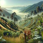 Generate a realistic and high-definition image that showcases the unexpected diversity found in high altitude plantations. The scene should feature a variety of plants growing on a mountainous slope. There should be common crops, but also a mixture of unique and unexpected vegetation. It should be a bright sunny day with a clear blue sky. The plantation fields should be meticulously arranged, creating a visual pattern on the large stretches of the mountain. Detail the unique characteristics of each plant, highlighting their variations in height, leaf structure, and color.