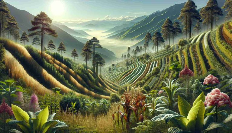 Generate a realistic and high-definition image that showcases the unexpected diversity found in high altitude plantations. The scene should feature a variety of plants growing on a mountainous slope. There should be common crops, but also a mixture of unique and unexpected vegetation. It should be a bright sunny day with a clear blue sky. The plantation fields should be meticulously arranged, creating a visual pattern on the large stretches of the mountain. Detail the unique characteristics of each plant, highlighting their variations in height, leaf structure, and color.