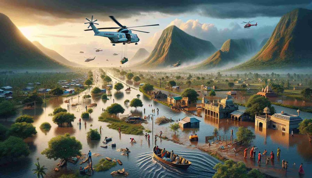 Realistically detailed high-definition image representing the concept of government funding boosting regions affected by floods in areas with Telugu-speaking populations. The scene can depict a variety of visual elements associated with flood relief such as helicopters dropping supplies, volunteers at work, restored infrastructure, and communities slowly returning to normal life. The landscape should also reflex the Telugu States' specific cultural and geographical features.