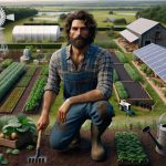 A realistic HD image of a man who is dedicated to sustainable living practices on his agricultural property. He has distinct features, with medium-length wavy hair and a beard. The landscape captures a variety of farming aspects - renewable greenhouses for vegetables, a compost section, a windmill for power, solar panels and a rainwater harvesting system. The man is seen tending to his garden, with tools like a hoe and a watering can, his hands covered in earth. His clothing is typical of a farmer - denim overalls with a plaid shirt underneath, his boots muddied from his work.