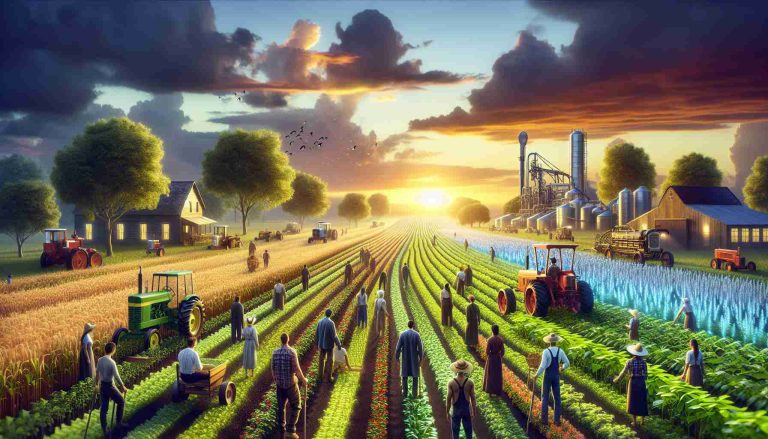 Realistic high-definition image depicting a scene of revitalized American agriculture, visualizing a futuristic concept. The image incorporates elements of sustainable farming practices, innovative technology, and diverse group of male and female farmers of Caucasian, Hispanic, Black, Middle-Eastern, South Asian descent. Fields stretch towards the horizon with an array of different crops grown, blossoming under a sky colored by the sun setting signals an end yet also promises a new beginning. Bridging tradition and innovation, old and new machinery mingle, mirroring the diverse group of farmers employing them.