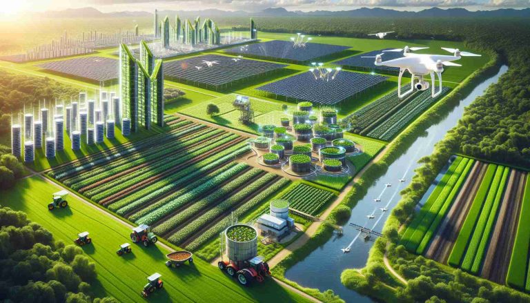 A high definition realistic depiction of the future envisioned for agriculture, displaying an integration of sustainable solutions. The contrasting scene of advanced technology coupled with the nature's serenity. Drone technology monitoring vast, lush green fields under the bright sky, promoting efficient use of resources. Visible are solar-powered machinery working on plots of land, vertical farming structures maximizing use of space, and a variety of multi-storied greenhouses. A river running across the farmland ensures a natural source of water, illustrating the perfect blend of innovation and sustainability.