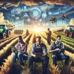 High-definition realistic image depicting the revolution of agriculture: Innovative banking solutions for farmers. Show farmers of different descents such as a Hispanic male farmer, a Caucasian female farmer, and a Middle Eastern male farmer in the forefront, use tablets and smart devices. The background reveals a flourishing farm landscape. Digitally represented in the sky, depict a blend of traditional farming equipment and modern technology like drones, digital maps and charts, signifying the fusion of tradition and innovation in agriculture.